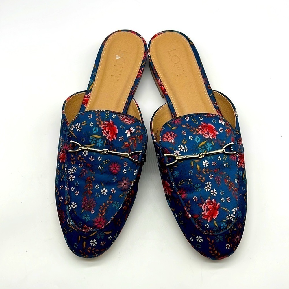 Loft - Blue Bright Floral Pattern With Gold Hardware Slip On Mules Size 9.5